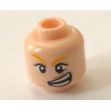 light nougat minifigure head female wide eyes dark orange lips wide crooked grin with teeth pattern