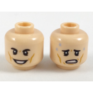 light nougat minifigure head dual sided black eyebrows dark orange cheek lines smiling worried with sweat drops pattern