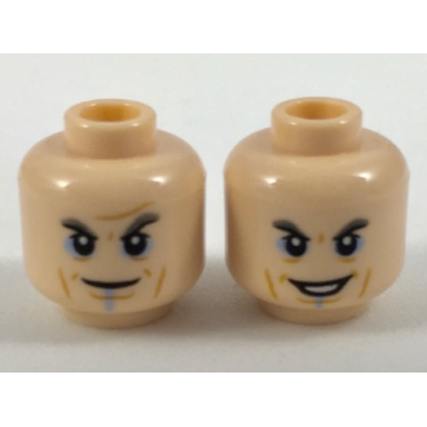 light nougat minifigure head dual sided dark orange brow and cheek lines light blue eye shadow and line under mouth smug smile pattern