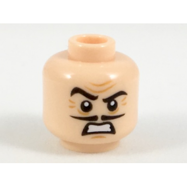 light nougat minifigure head dark orange furrowed brown black eyebrows and pencil moustache sneer pattern