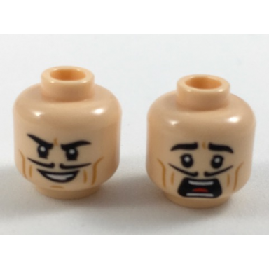 light nougat minifigure head dual sided black eyebrows and pencil moustache dark orange cheek lines smile scared pattern