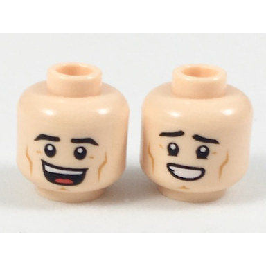 light nougat minifigure head dual sided black eyebrows dark orange cheek lines open mouth smile sheepish grin pattern