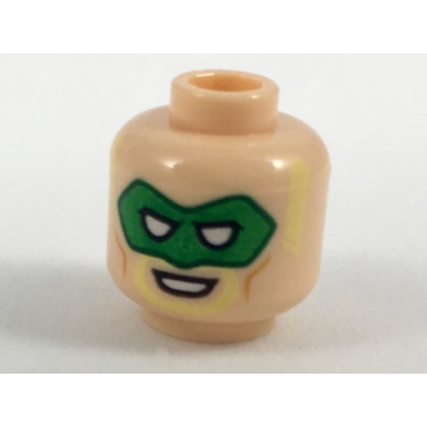 light nougat minifigure head male green eye mask bright light yellow sideburns and goatee open grin pattern