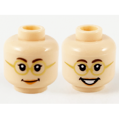 light nougat minifigure head dual sided female glasses with gold frames peach lips smiling smiling with teeth pattern