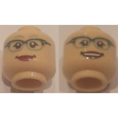 light nougat minifigure head dual sided female glasses with dark green frames red lips smiling smiling with teeth pattern