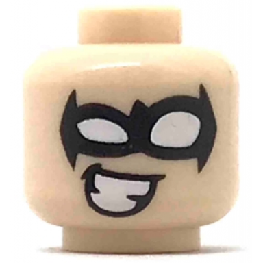 light nougat minifigure head black eye mask with white eye holes and cheesy smile pattern nightwing