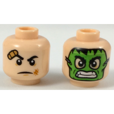 light nougat minifigure head dual sided bandaged brow and bruised cheek green hulk mask pattern