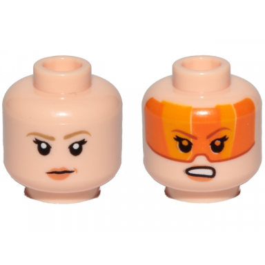light nougat minifigure head dual sided female dark tan eyebrows orange lips frown pattern orange visor angry sw resistance a-wing pilot
