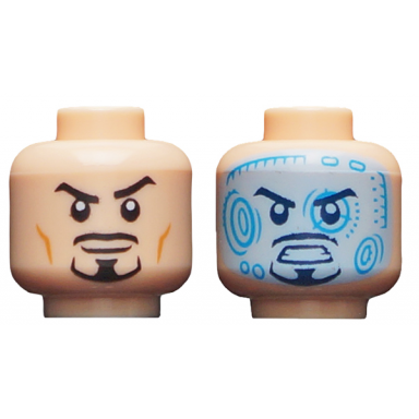 light nougat minifigure head dual sided black eyebrows and goatee raised eyebrow bright light blue and dark azure head-up display pattern