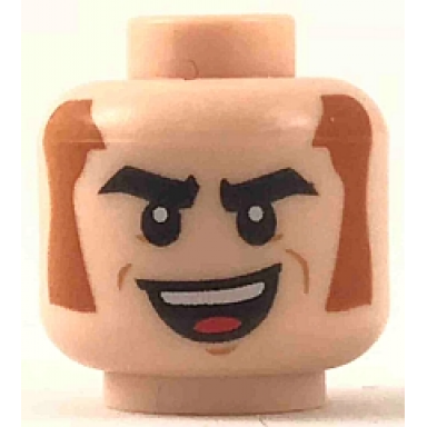 light nougat minifigure head black eyebrows dark orange sideburns big smile with red tongue pattern