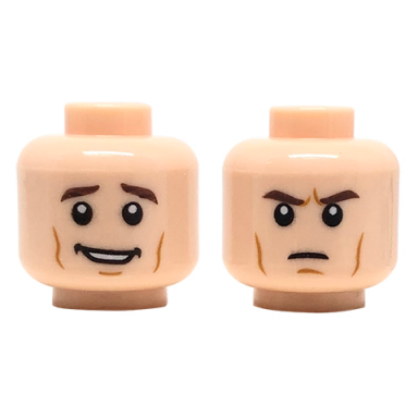 light nougat minifigure head dual sided dark brown eyebrows cheek lines open smile frown pattern
