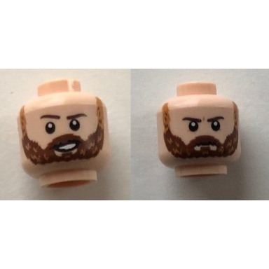 light nougat minifigure head dual sided reddish brown eyebrows reddish brown beard open smile frown pattern