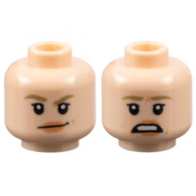 light nougat minifigure head dual sided female dark tan eyebrows small black eyelashes nougat lips smirk scared pattern