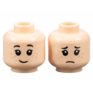 light nougat minifigure head dual sided child female black eyebrows eyelashes dark orange freckles grin sad frown pattern