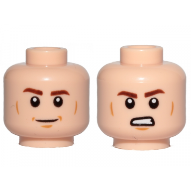 light nougat minifigure head dual sided reddish brown eyebrows medium nougat cheek lines and chin dimple smile angry with bared teeth pattern