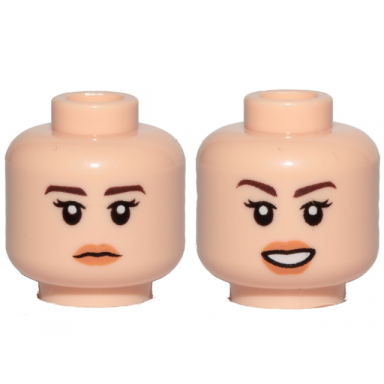 light nougat minifigure head dual sided female dark brown eyebrows orange lips neutral smile pattern