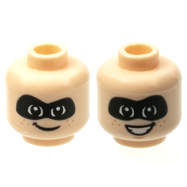 light nougat minifigure head dual sided child black mask dark tan freckles grin open mouth smile with teeth pattern