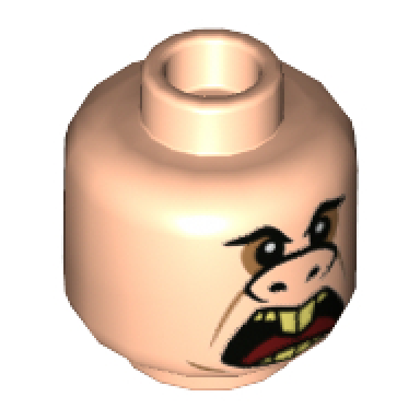 light nougat minifigure head black eyebrows upturned nose small eyes open mouth pattern underminer