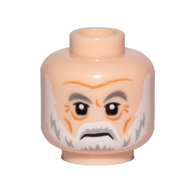 light nougat minifigure head white gray eyebrows gray and white beard and wrinkles pattern