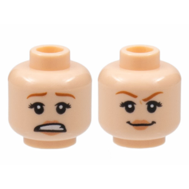 light nougat minifigure head dual sided female dark orange eyebrows nougat lips scared open mouth with teeth smirk pattern