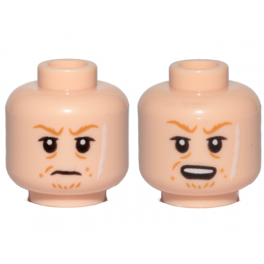 light nougat minifigure head dual sided orange eyebrows facial hairs long white scar on left side frown open mouth pattern sw rebolt