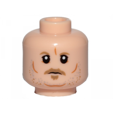 light nougat minifigure head dark tan eyebrows moustache goatee gray and orange stubble cheek lines and chin dimple pattern sw tobias beckett