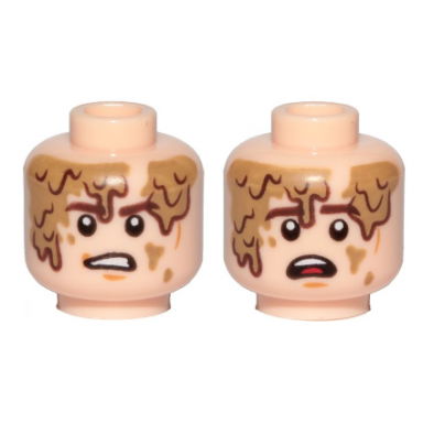 light nougat minifigure head dual sided brown eyebrows cheek lines chin dimple dirt stains determined scared pattern sw han solo mudtrooper
