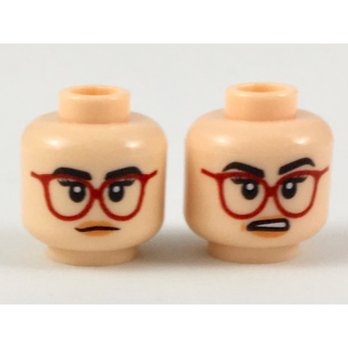 light nougat minifigure head dual sided female black eyebrows red glasses peach lips neutral surprised expression pattern