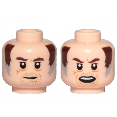 light nougat minifigure head dual sided dark brown eyebrows brown and gray sideburns stubble mouth closed open pattern sw wuher