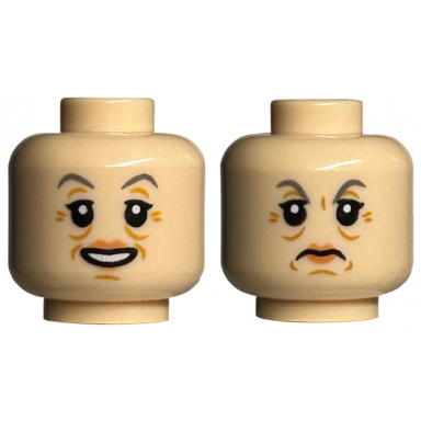 light nougat minifigure head dual sided female dark bluish gray eyebrows nougat lips medium nougat wrinkles smile frown pattern