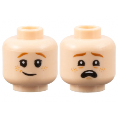light nougat minifigure head dual sided child dark orange eyebrows nougat freckles lopsided grin scared open mouth with top teeth pattern