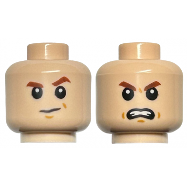 light nougat minifigure head dual sided child reddish brown eyebrows suspicious with left eyebrow raised angry pattern