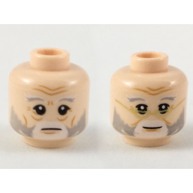 light nougat minifigure head dual sided light bluish gray and white eyebrow and beard neutral slight smile with gold glasses pattern