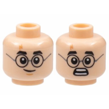 light nougat minifigure head dual sided black thick eyebrows and round glasses lightning scar grin with medium nougat chin dimple scared open mouth with teeth parted pattern