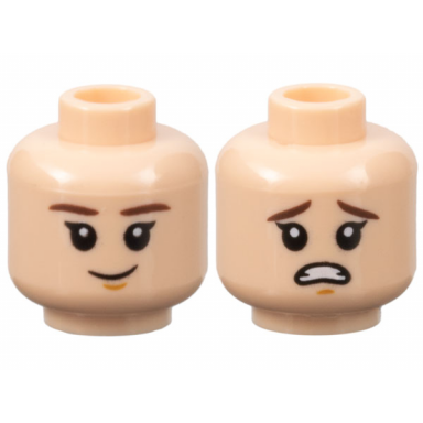 light nougat minifigure head dual sided child dark brown eyebrows medium nougat chin dimple grin scared pattern