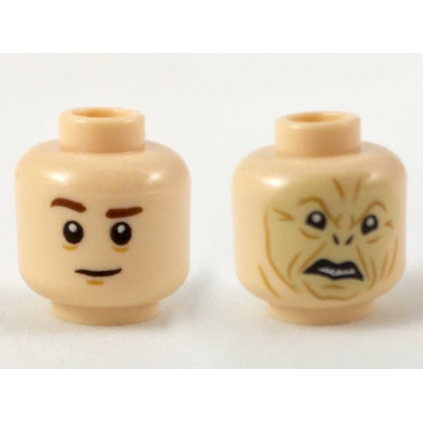 light nougat minifigure head dual sided reddish brown eyebrows quirrell crooked tan face with dark orange contours voldemort pattern