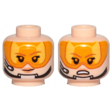 light nougat minifigure head dual sided female brown eyebrows orange visor chin strap headset smile angry pattern
