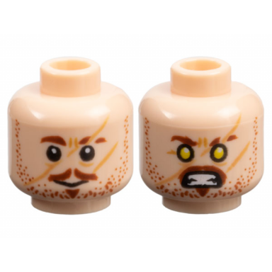 light nougat minifigure head dual sided male reddish brown eyebrows moustache soul patch and stubble medium nougat scars grin yellow eyes and bared teeth pattern