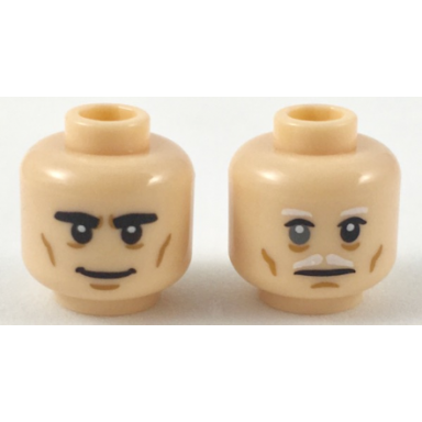 light nougat minifigure head dual sided black eyebrows thick smile white eyebrows and moustache gray right eye pattern