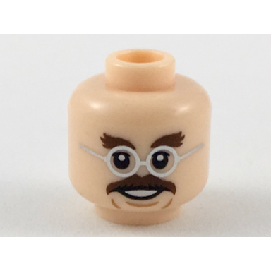 light nougat minifigure head dark brown bushy eyebrows and moustache silver round glasses pattern