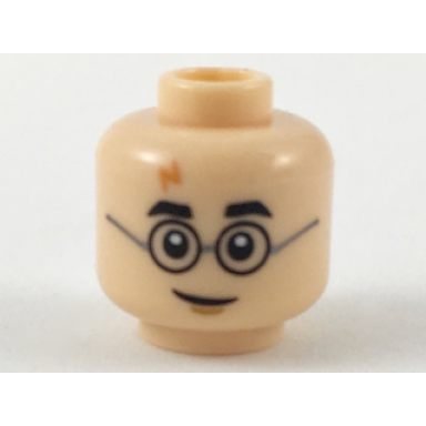 light nougat minifigure head black thick eyebrows and round glasses lightning scar grin with medium nougat chin dimple pattern
