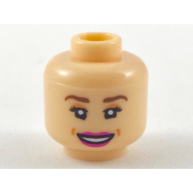 light nougat minifigure head female reddish brown eyebrows peach eye shadow magenta lips smile showing teeth pattern