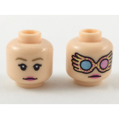 light nougat minifigure head dual sided female dark tan eyebrows dark pink lips neutral gold and dark pink spectrespecs pattern