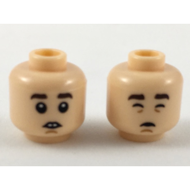 light nougat minifigure head dual sided dark brown eyebrows buck teeth closed eyes and mouth pattern