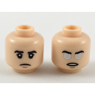 light nougat minifigure head dual sided black eyebrows neutral expression angry with silver and white eyes pattern