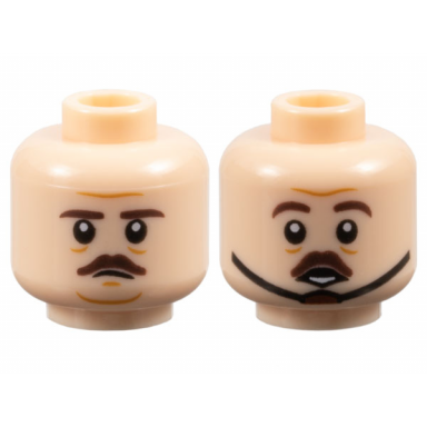 light nougat minifigure head dual sided dark brown eyebrows and small moustache medium nougat wrinkles small frown chin strap and surprised open mouth with bottom teeth pattern