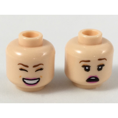 light nougat minifigure head dual sided female reddish brown eyebrows peach eye shadow magenta lips smile with closed eyes scared pattern