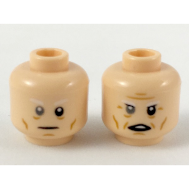 light nougat minifigure head dual sided white eyebrows gray right eye neutral furrowed brow and open mouth pattern