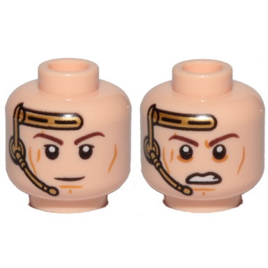 light nougat minifigure head dual sided gold headset closed mouth smile angry pattern sw anakin