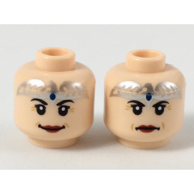 light nougat minifigure head dual sided female silver tiara with blue stone dark red lips smile slight frown pattern